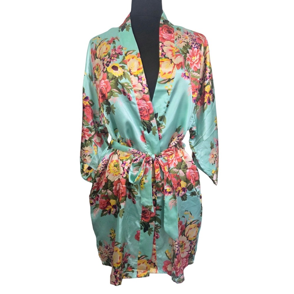 Vintage Silky Floral Kimono Robe Women's Satin Lounge Belted Pockets Size S
